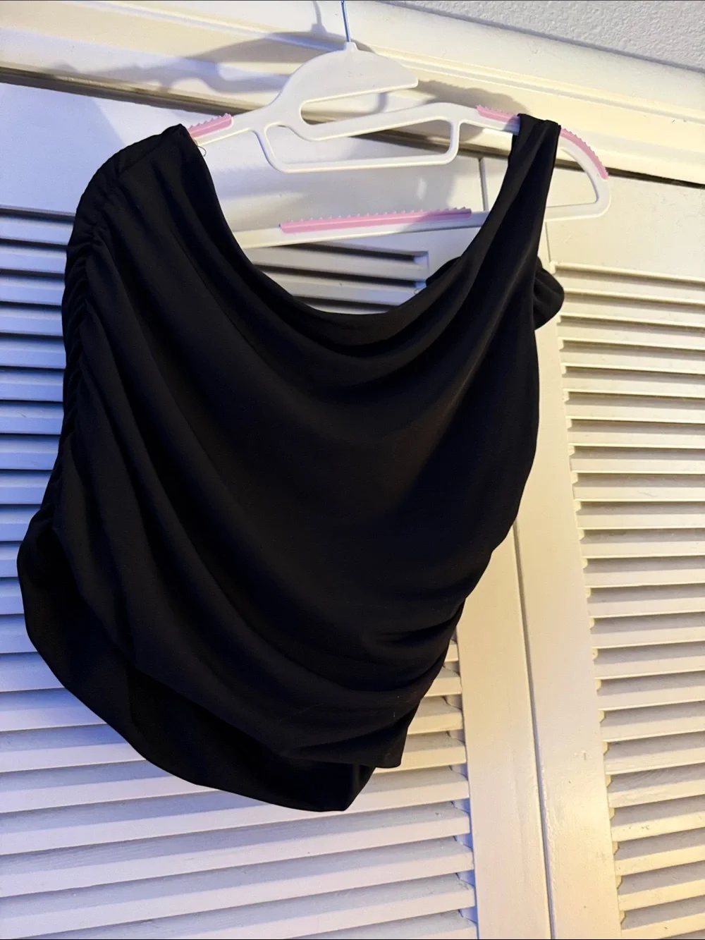 Moa Moa Black Asymmetrical One-Shoulder Draped Skirt with Rosette Strap
